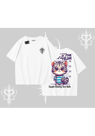 Tarzsokak Fluffy The Feline Yazılı Sevimli Kedi Arka Baskılı Oversize Tshirt Beyaz
