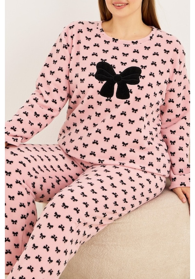 Siyah İnci Beden Polar Kışlık Örme Pijama Takım 25222567 Pembe