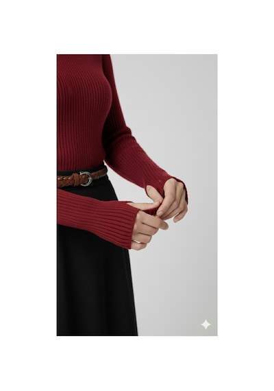 Sonbaharmoda Kadın Boğazlı Likralı Triko Badi Parmak Geçmeli Kol, Tek Beden,100% Akrilik Kırmızı