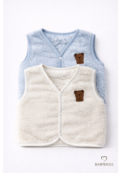 Babyden's 2 Li Welsoft Yelek Seti Erkek Bebek & Çocuk Peluş Yumuşak Kışlık Bebek Yeleği, Çıtçıtlı Ekru - Mavi