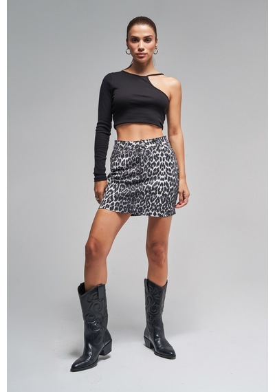 Kadın Siyah Beyaz Leopar Renk Mini Denim Etek Leopar Siyah Beyaz W426