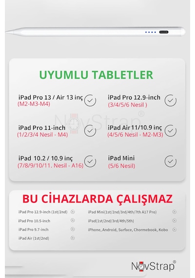 Novstrap Apple Uyumlu iPad Pro 11 2/3/4 Nesil İle Dokunmatik Tablet Kalemi Dz900 Gen3 Stylus Pencil Avuç İçi Reddi 2 Adet Yedek Uç
