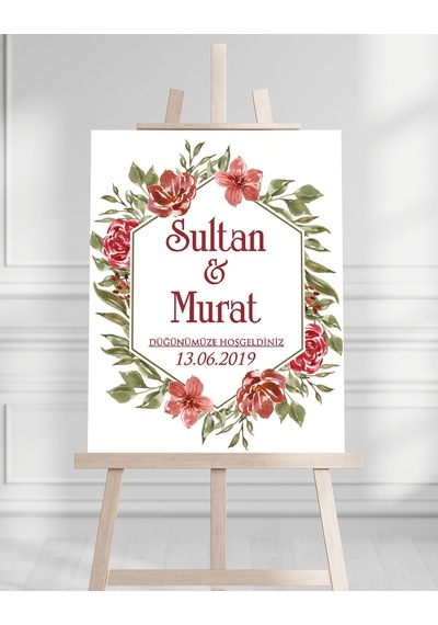Söz Nişan Düğün İçin 50x70 Karşılama Panosu - Kırmızı Gül Desenli 002 Beyaz