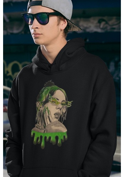 Tasarım Billie Eilish Baskılı Unisex Oversize Şarkıcı Hoodie Siyah