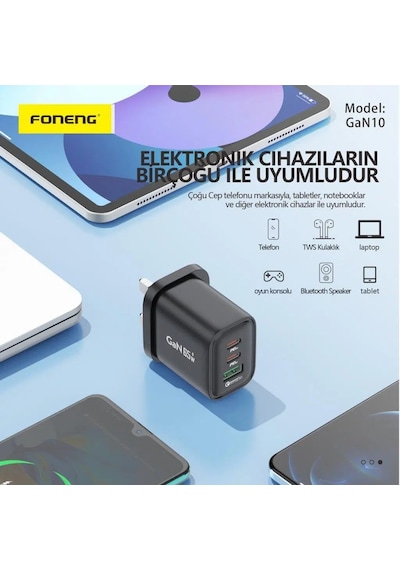 Foneng Gan10 65w 2xtype-c 1x Usb 3 Girişli Type-c To Type-c Kablo Set -