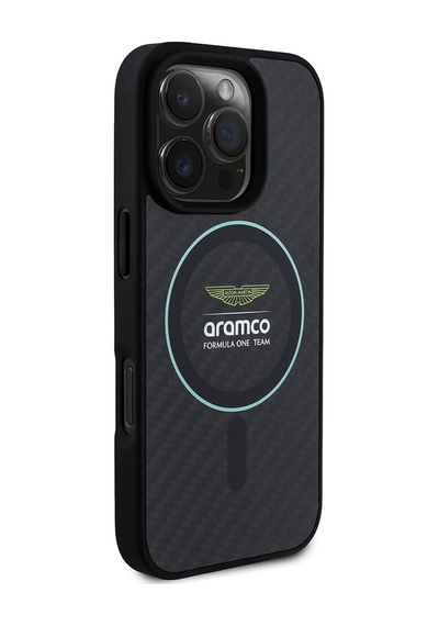 Apple Uyumlu iPhone 16 Pro Max Kılıf Aston Martin Lisanslı Magsafe Renkli Halka Ve Karbon Fiber Kapak Siyah-yeşil