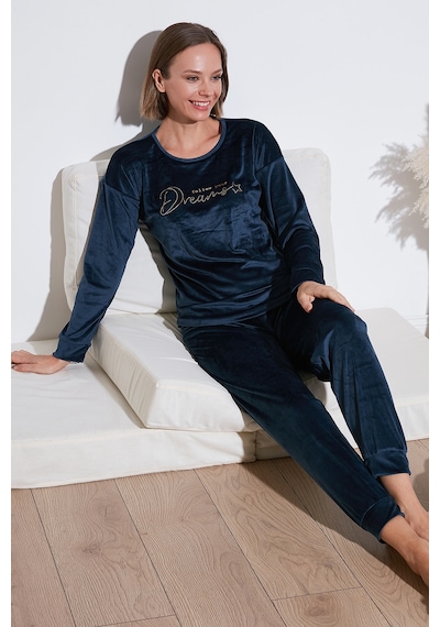 Lela Standart Fit Bisiklet Yaka Yumuşak Kadife Bayan Pijama Takımı 6094202 Lacivert