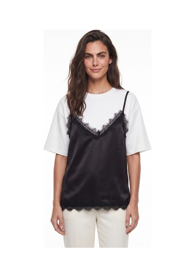 Onloox Kadın Beyaz-siyah Beyaz Siyah Yumuşak Hafif Kumaş Bisiklet Yaka Rahat Kalıp Dantel Saten Katmanlı Görünüm T-shirt