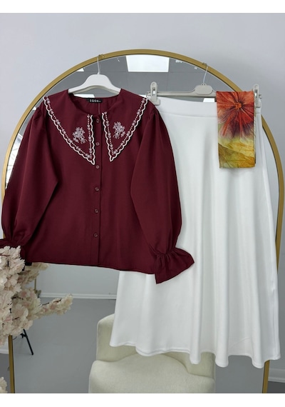 Lovie Moda Kadın Yaka İşlemeli Takım Bordo
