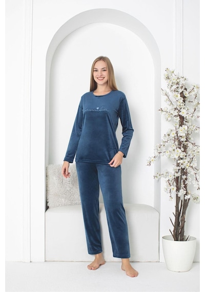 Kadın Kırmızı Renk Likralı Kadife Pijama Takımı Çok Renkli