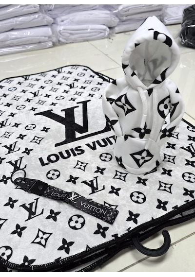 Lv Xl Beyaz - Siyah Dekor Oto Halı Paspas 4 Parça Ön Arka Takım Ve Vites Poları Kumaş Anahtarlık Hed