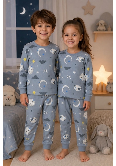 Zuzunga Unisex Mavi Ay Ve Kuzu Desenli Uzun Kollu Pijama Takımı Buz Mavi
