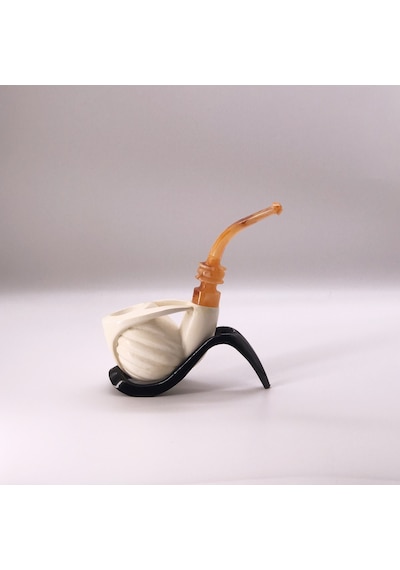 El Oyma Lületaşı Pipo Modern Spiral Tasarım, Amber Akrilik Ağızlık 15 Cm
