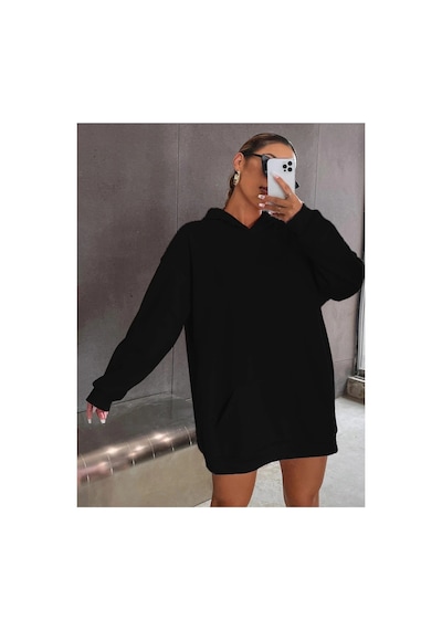 Tarzsokak Siyah Happy Baskılı Oversize Kapüşonlu Sweatshirt