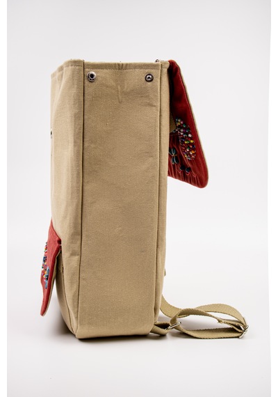 Fabric Craft Bag Sırt Çantası Kumaş Boho Nakışlı Koyu Bej - Bordo