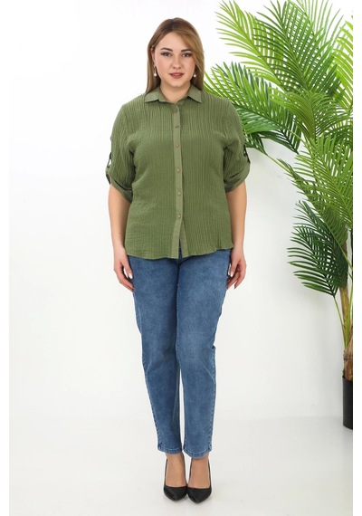 Lady Majestic %100 Cotton Büyük Beden Kadın Müslin Kumaş Gömlek Haki