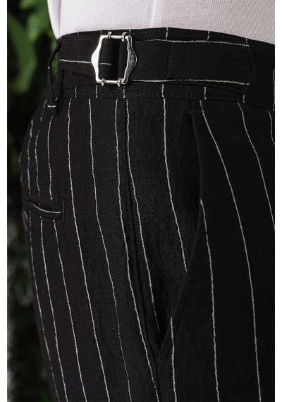 Efor Comfort Fit Yandan Tokalı Çizgili Keten Casual Siyah Pantolon P 1151 Siyah