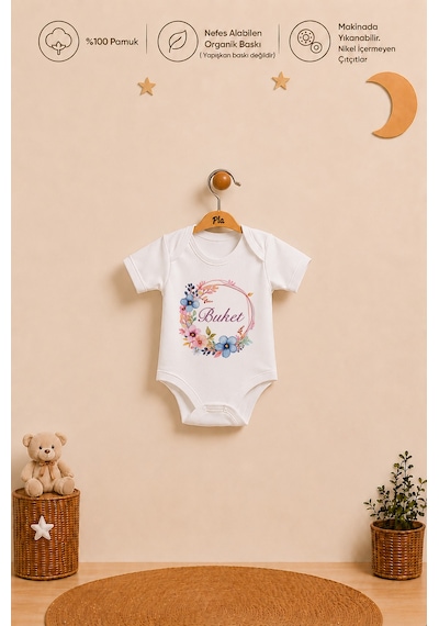 Pia Baby İsme Özel Kız Bebek Kısa Kollu Body Zıbın %100 Pamuk Alttan Çıtçıtlı Organik Baskılı Bebek Body 1036bayx Ekru