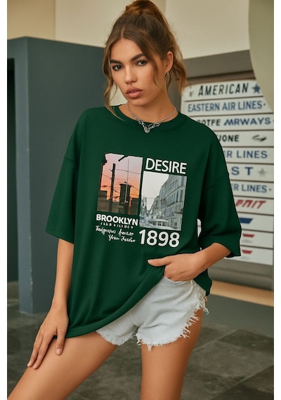 Brooklyn Baskılı Unisex Tişört Yeşil