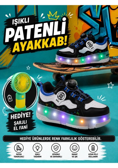 Patenli Işıklı Spor Ayakkabısı & Tekerlekli Sneakers Siyah-sax