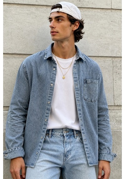 Cool Tarz Erkek Regular Denim Gömlek Yıkamalı Kot Uzun Kollu Cepli Jean Gömlek Mavi Mavi