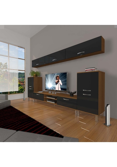 Decoraktiv Eko 9 Slm Dvd Krom Ayaklı Tv Ünitesi Tv Sehpası Ceviz - Siyah