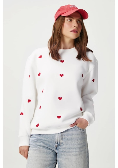 Kadın Pretty Beyaz Kırmızı Minik Kalp Sweatshirt Beyaz - Kırmızı