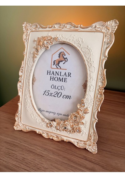 Güllü Barok Dikdörtgen Fotoğraf Çerçevesi Krem & Eskitme Altın 15x20 Cm