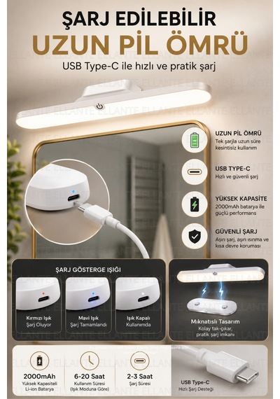 Şarjlı Mıknatıslı Led Ayna Işığı 30 Cm 3 Renk Işık Modu, Dokunmatik Kontrol, Usb Type-c Şarjlı Ban