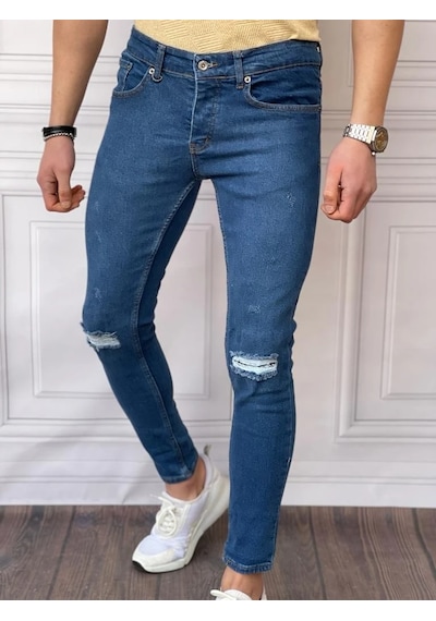 Modefendi Skinyfit Yüksek Kalite Likralı Diz Yırtık Detaylı Kot Pantolon Mavi