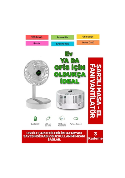 Ultra Sessiz 3 Kademeli Hafif Kablosuz 1200mah Pervane Taşınabilir Usb Şarjlı Masa El Fan Vantilatör