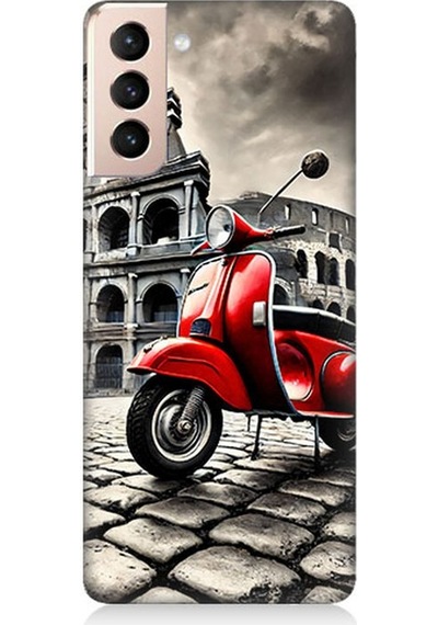 Samsung Galaxy S21 Uyumlu Kırmızı Vespa Roma Sokakları Desenli Silikon Kılıf Çok Renkli