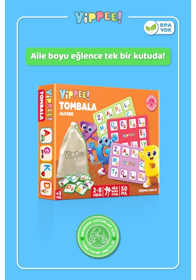Çocuk Tombala Alfabe Temalı Ham Bez Kese 8 Tabla 50 Pul 60 Parça