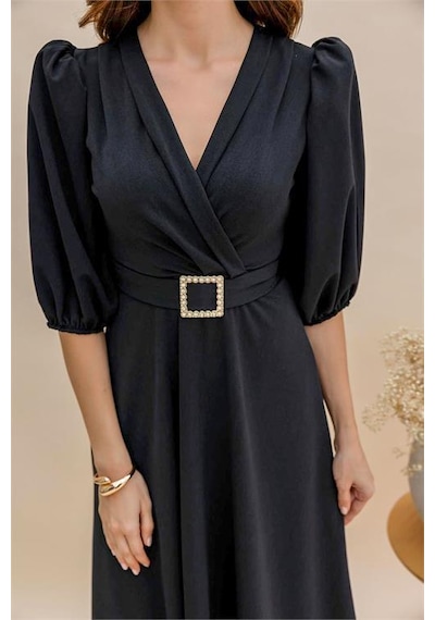 Dip Moda Kadın Kemerli Kruvaze Yaka Midi Boy Elbise Dpnbmy001 Siyah