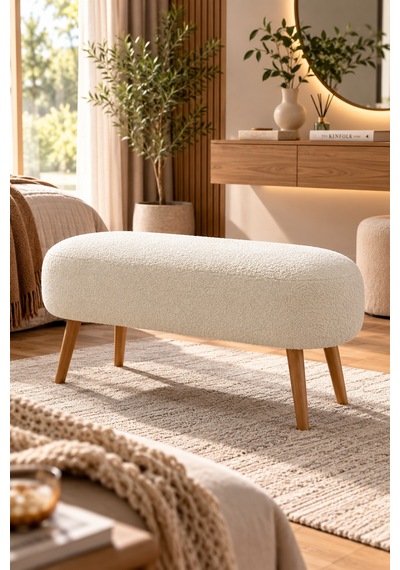 Lona Bukle Kumaş Modern Bench Puf Çok Amaçlı Yatak Ucu Ve Antre Bankı Beyaz