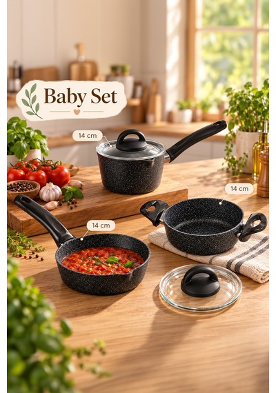 Porsima 4398 4 Parça Kaçerola Sosluk Sütlük Mini Granit Tencere Sahan Seti Siyah 14cm siyah
