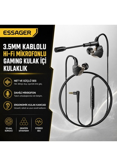 Essager 1.2 Metre 3.5mm Kablolu Hi-fi Mikrofonlu Gaming Kulak İçi Kulaklık 10mm Grafen Sürücü, Gecikmesiz Kulaklık