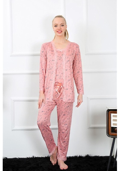 İbrahim Burak Etiler Collection Moda Çizgi Kadın 3'lü Gül Kurusu Sabahlık Pijama Takım 16103