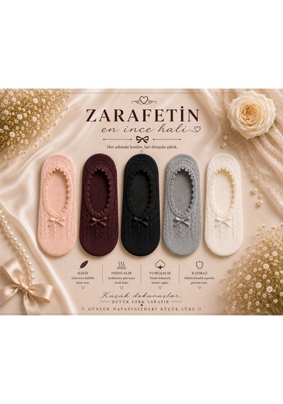 Çorap Vitrini 5 Çift Dantelli Ve Fiyonklu Premium Babet Çorap Seti Zarafetin En İnce Hali Pembe - Mürdüm - Siyah - Gri - Beyaz