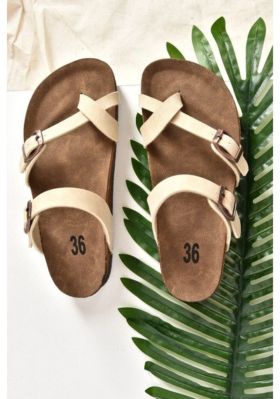Fox Shoes Bej Süet Parmak Arası Kadın Terlik K777613402