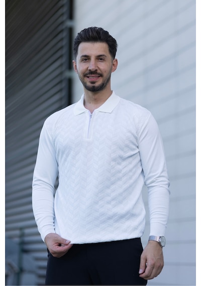 Hk Premium Erkek Triko Kazak Zikzak Desenli Polo Yaka Fermuarlı Slim Fit Beyaz