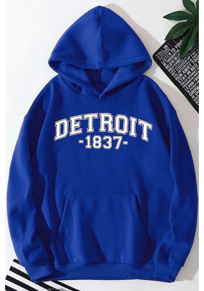 Medinenur Detroit Baskılı Kapüşonlu Sweatshirt Mavi