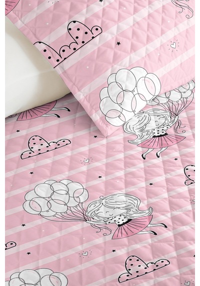 Evimde Bambaşka Pembe Balonlu Kız Çocuk Pike Takımı - Çizgili Beyaz Bebek Odası Mevsimlik Yatak Örtüsü - 160x220  CM