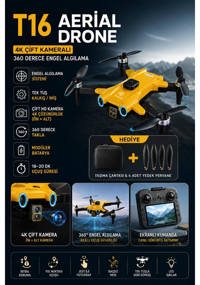 T16 İha Hava Fotoğrafçılığı Dronu 4k Çift Kamera 360 Derece Engel Algılama 4.5 İnç Ekranlı Kumanda 360 Derece Takla Yanıp Sönene Işıklar Sabit Havada Kalma Tek Tuş İniş Kalkış Tek Tıkla Geri Dönüş