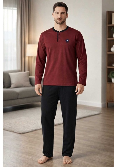 Tenra Erkek Pijama Takımı %100 Pamuk Uzun Kol Bordo