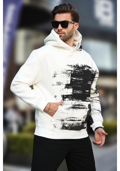 Madmext Ekru Kapüşonlu Desenli Cep Detaylı Erkek Sweatshirt 7059 Ekru