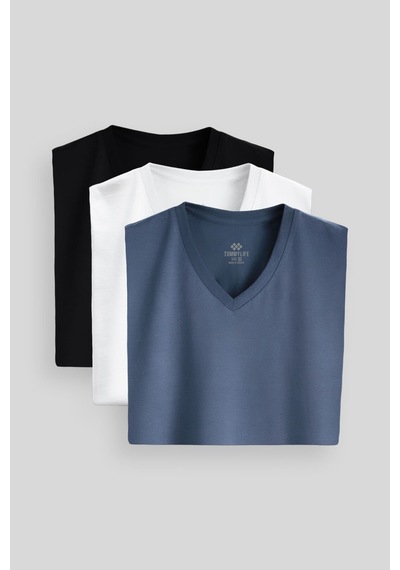 Tommylife Standart Fit Basic V Yaka 3lü Paket Siyah-beyaz-petrol Erkek T-shirt 87912 Siyah-beyaz-petrol