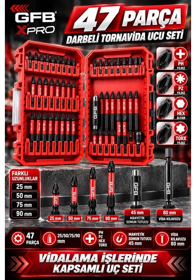 Gfb Xpro 47 Parça Darbeli Tornavida Ucu Seti 25/50/75/90 Mm Ph Pz Hex Torx Uçlar, Manyetik Somun T