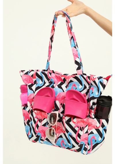 İcone Bag Kadın Çantası, Fonksiyonel Baskılı Plaj Çanta, Beach Bag, Karpuz Tropical Desenli Fermuarlı Çanta Pembe - Siyah