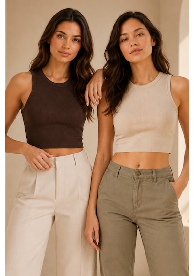 Loule Kadın 2'li Bisiklet Yaka Kolsuz Fitilli Crop Top Bej-kahverengi Çok Renkli